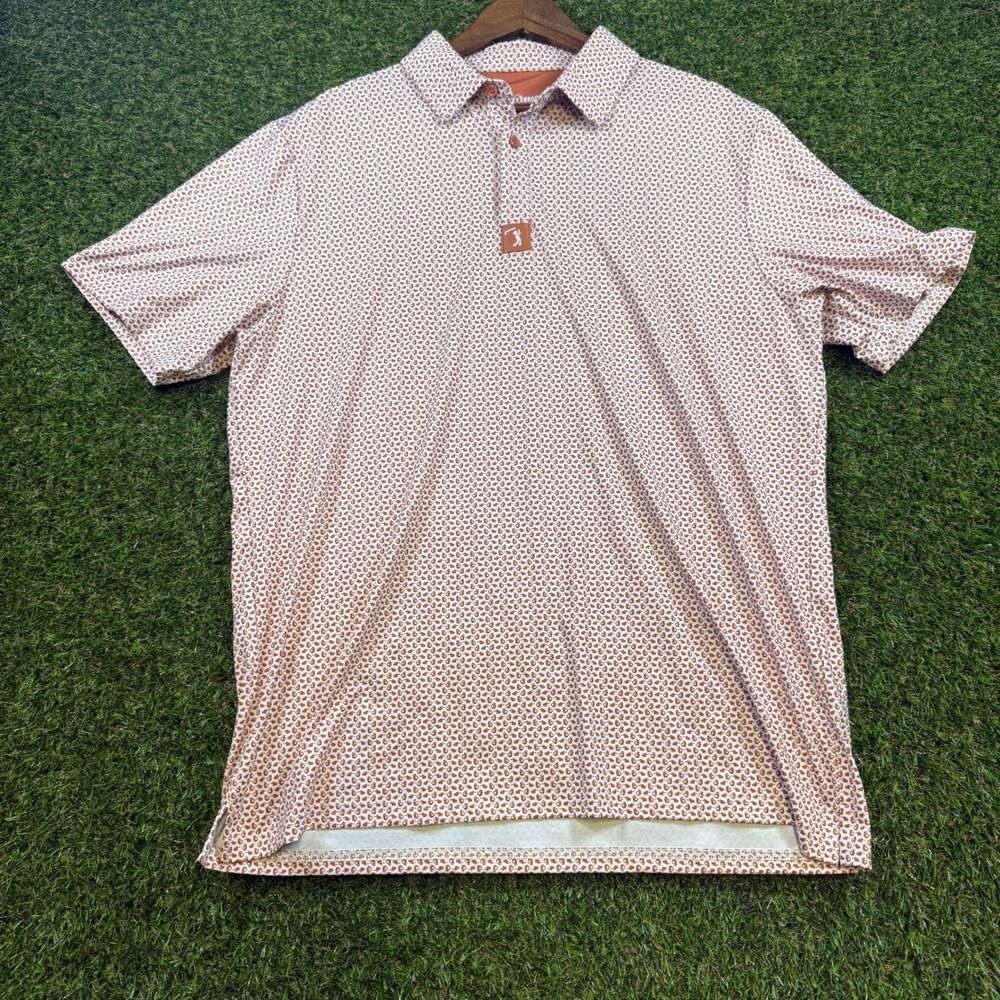 Bogey Bros Golf Co Mens XL Polo Shirt Orange White Circle Game Hand Print Golf